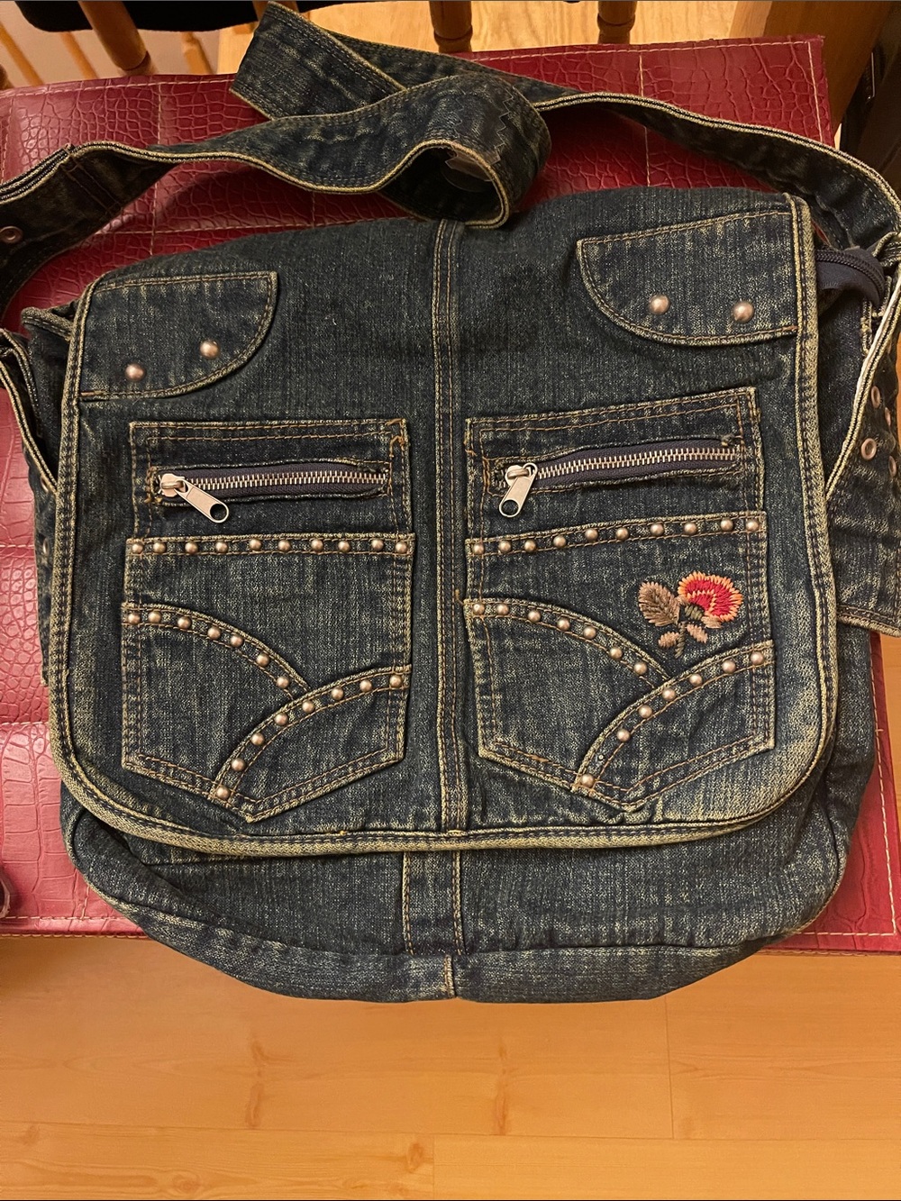 NEW! Vintage Y2K! Denim Crossbody Book Bag~ Embroidered Flower and Stud Details